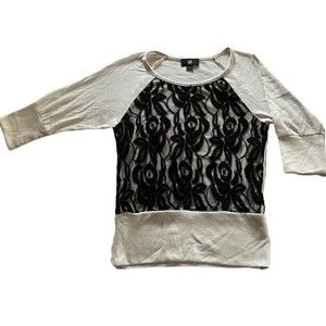 Izbyer Black Lace Floral Detail White 3/4 Sleeves Top Size XS